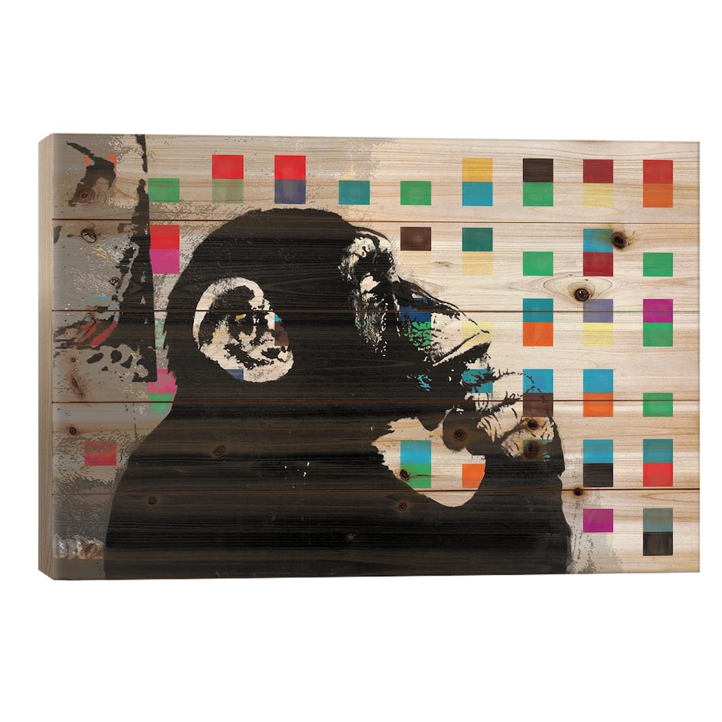 The Thinker Monkey Dots Close Up Print On Wood by Unknown Artist - Multi-Color
