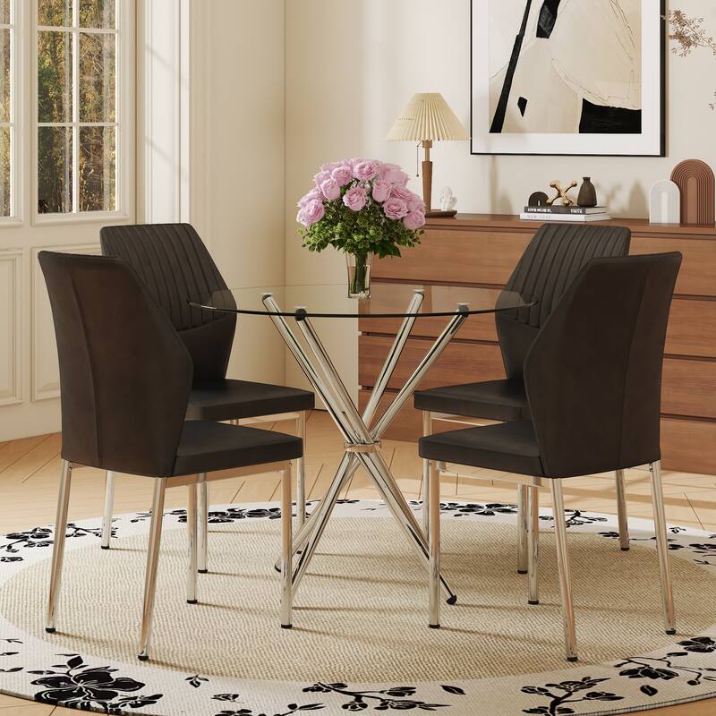 4-Piece Dining Set with 36.6'' Round Tempered Glass Table & Black-Silver Chairs - Modern Luxe Style
