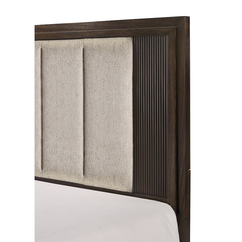 Queen Size Bed with Rich Wood Finish, Plush Upholstered Headboard, Rustic Charm, Brown