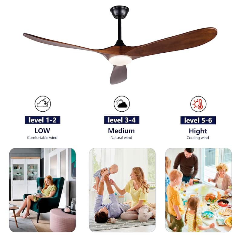 52 Inch Black Ceiling Fans With lights and Remote Control,18W Led Light, 3 Solid Wood Blades