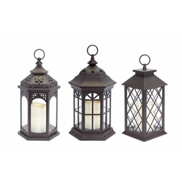 Pack of 3 Dark Brown Battery Operated Outdoor LED Candle Lanterns w/ Timers - N/A