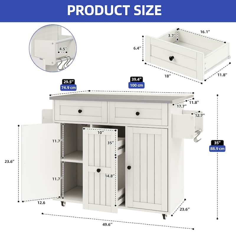 Moasis Wooden Kitchen Island with Drop Leaf Rolling Cart Extra Large Work Surface and Storage Drawers Towel Spice Rack