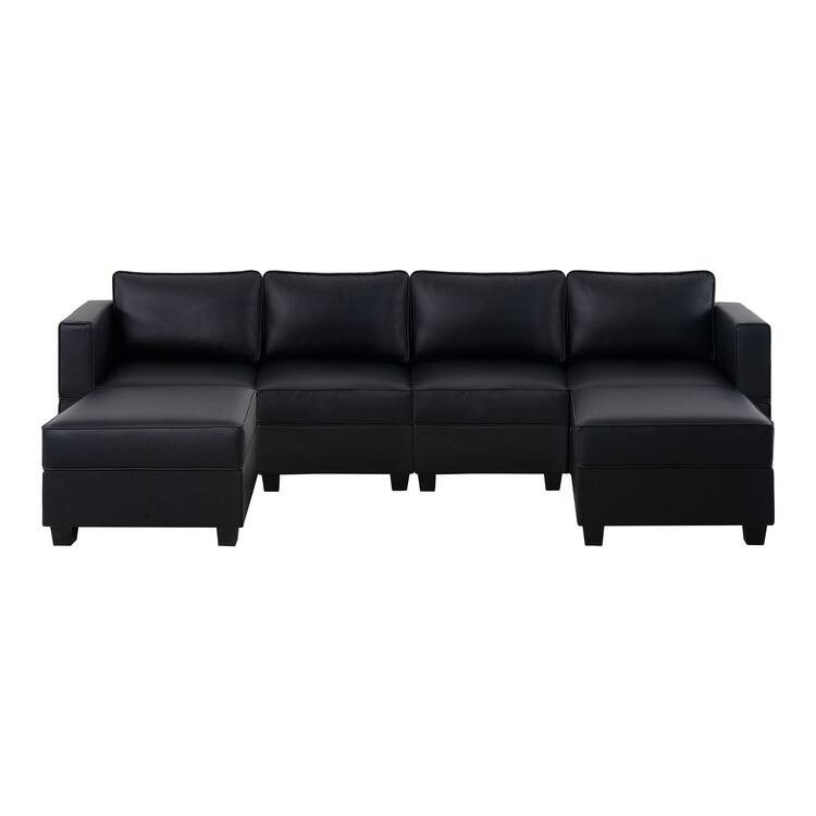 Modular U-Shaped 4 seater Air Leather Sofa with Adjustable armrest and Reversible Chaise - 4 Seater Sectional with Double Ottoman,Black