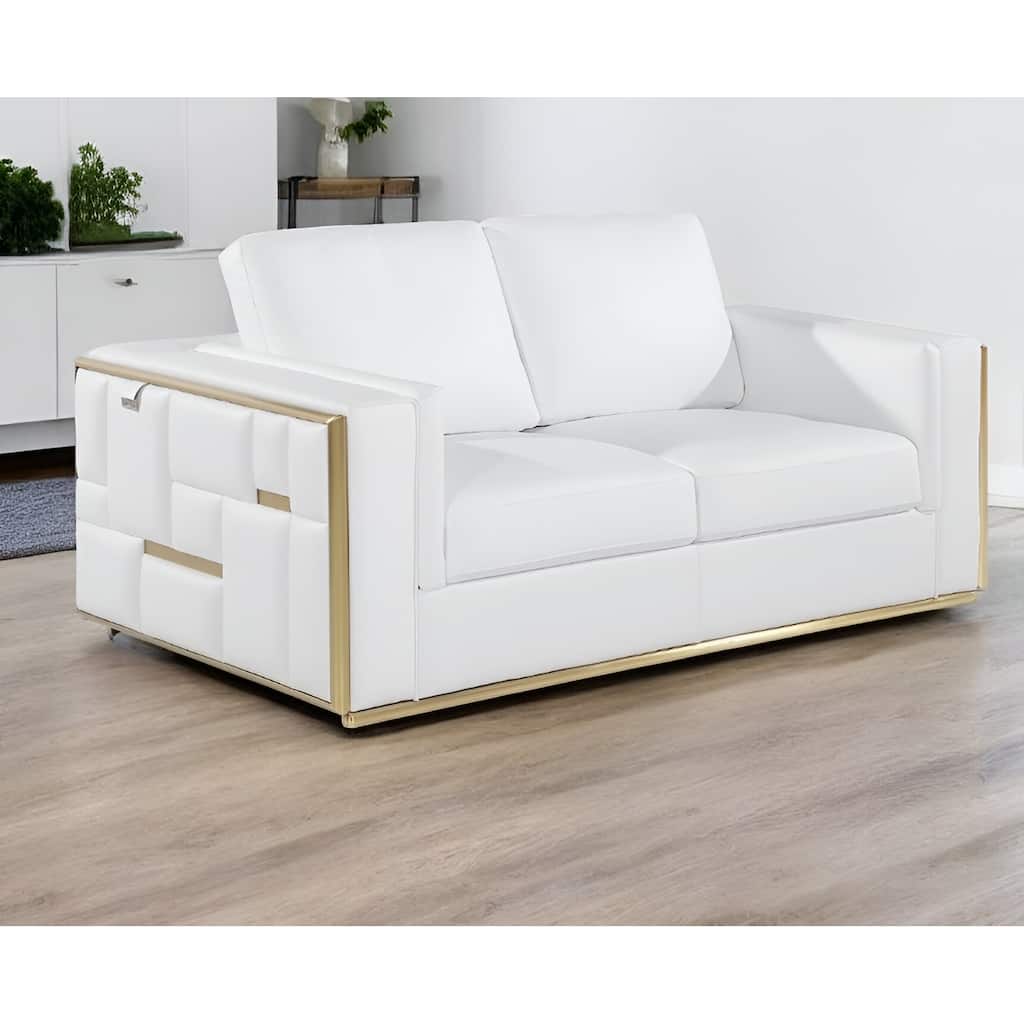 HomeRoots 73" White And Silver Metallic Top Grain Leather Loveseat
