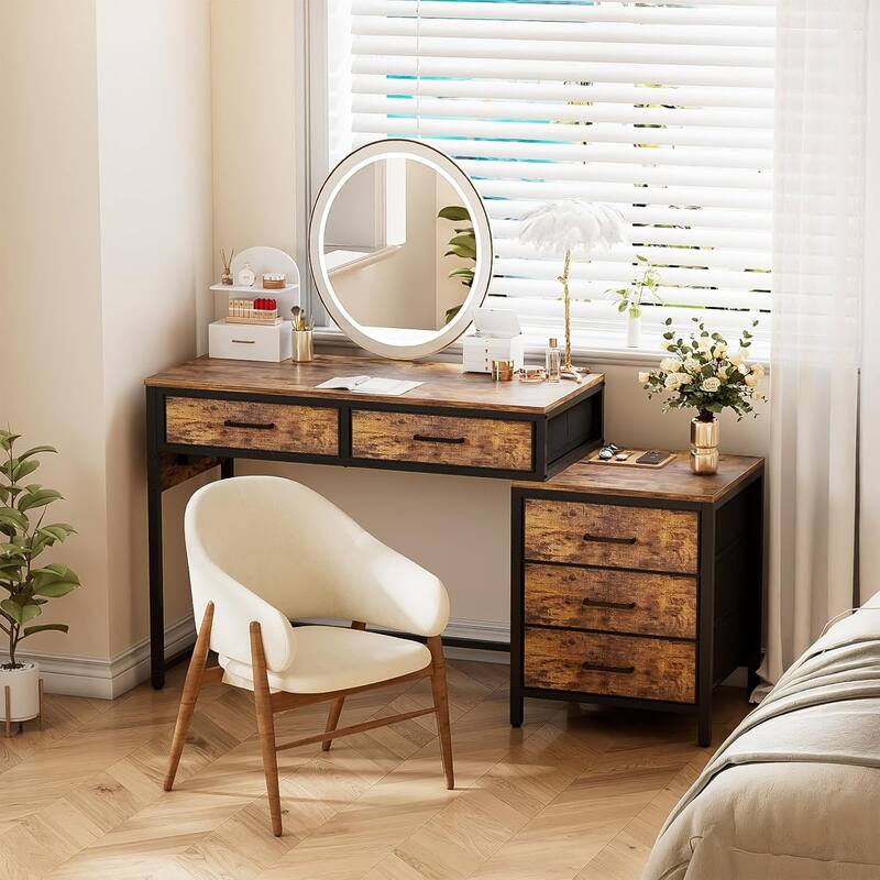 55'' Computer Desk with 5 Fabric Drawers,Home Office Desk with Power Outlets ＆ Printer Stand