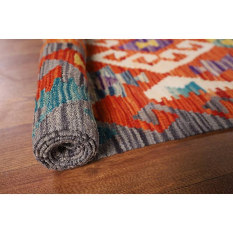 Reversible Orange Kilim Area Rug Flatweave Oriental Wool Carpet - 7'11" x 9'7"