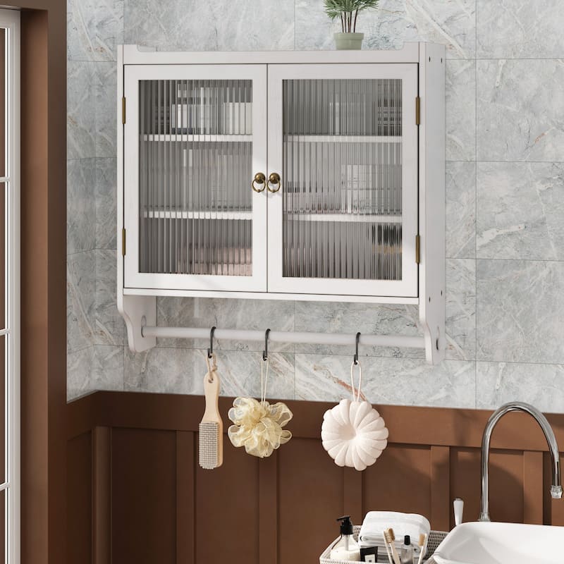 Vintage Style Glass Door Wall Cabinet with Three Tiers of Storage and Towel Racks