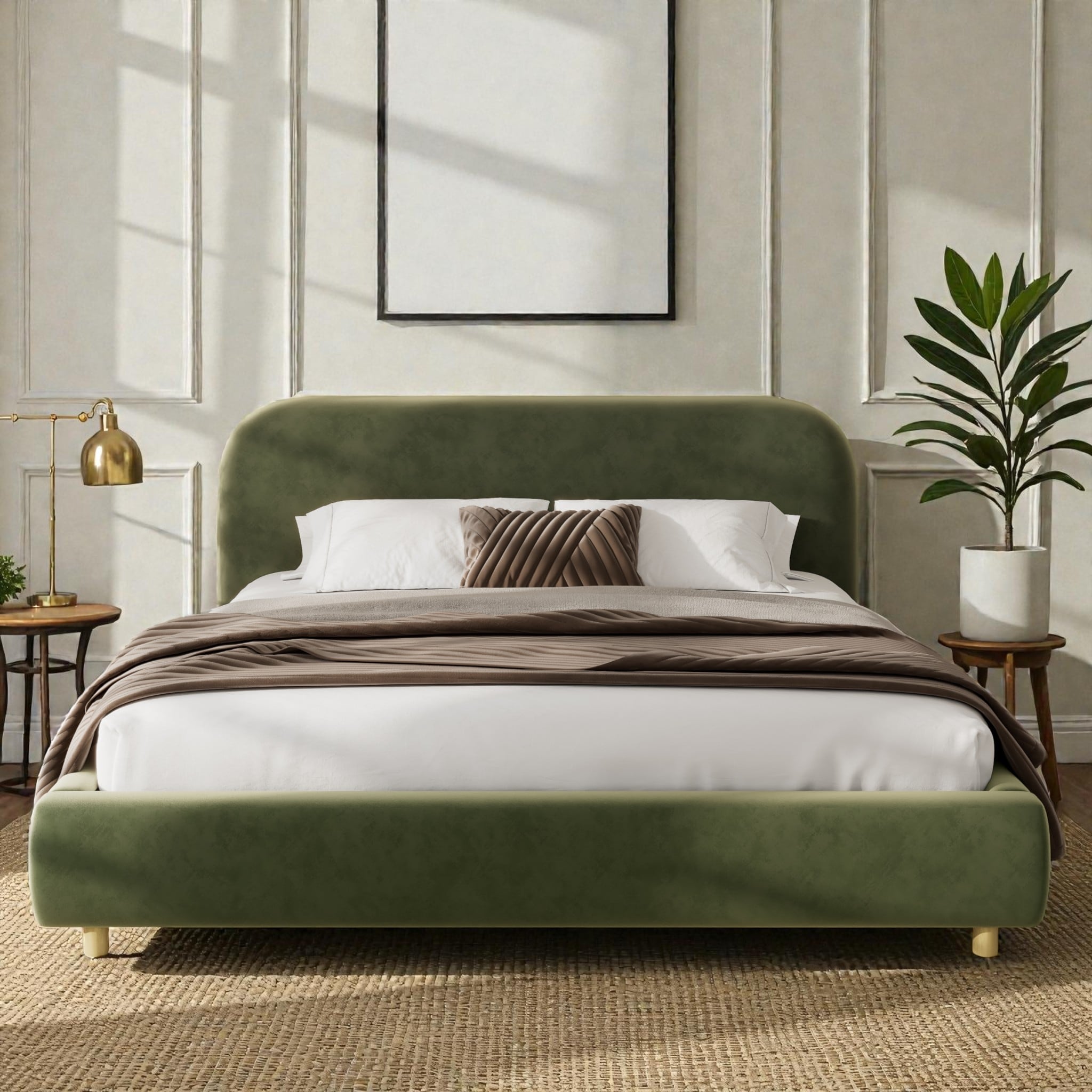 Upholstered Platform Bed with Curved Thick Headboard and Solid Wood Legs, Modern Fabric Bed Frame No Box Spring