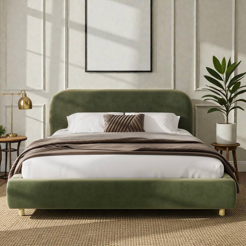 Upholstered Platform Bed with Curved Thick Headboard and Solid Wood Legs, Modern Fabric Bed Frame No Box Spring - Olive Green - King