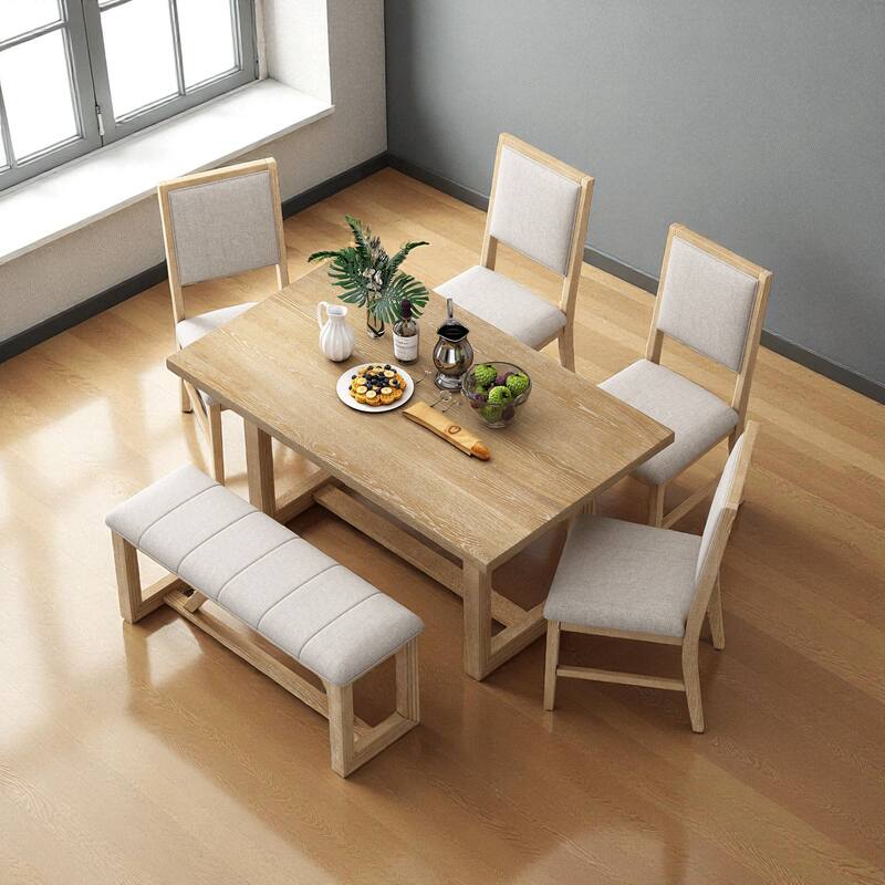 6-Piece Retro Farmhouse Dining Table Set, 60" Wood Table with 4 Upholstered Chairs and Bench for Kitchen & Dining Room