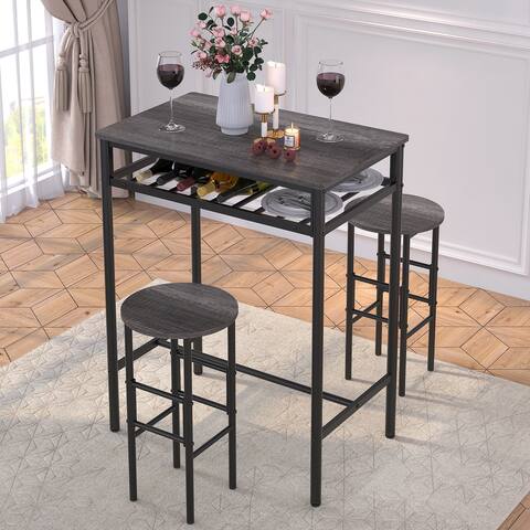 Elephance 3-Piece Bar Table Set, Counter Height Dining Table Set Kitchen Pub Bistro Table with 2 Stools and Open Storage Rack
