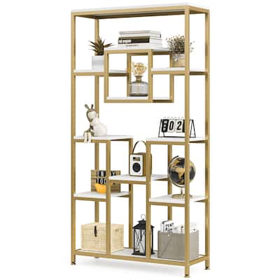 71 Inch Bookcase Bookshelves, Modern White Gold Etagere Bookshelf Display Rack
