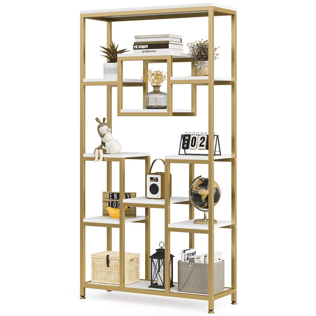 71 Inch Bookcase Bookshelves, Modern White Gold Etagere Bookshelf Display Rack
