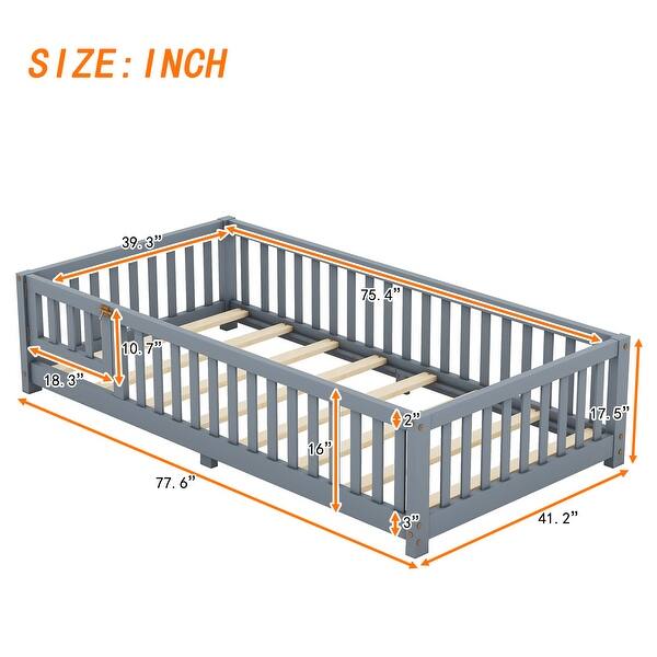 dimension image slide 4 of 8, Pine Wood Floor Bed with Safety Guardrails and Door for Kids, Boys, Girls, Bedroom