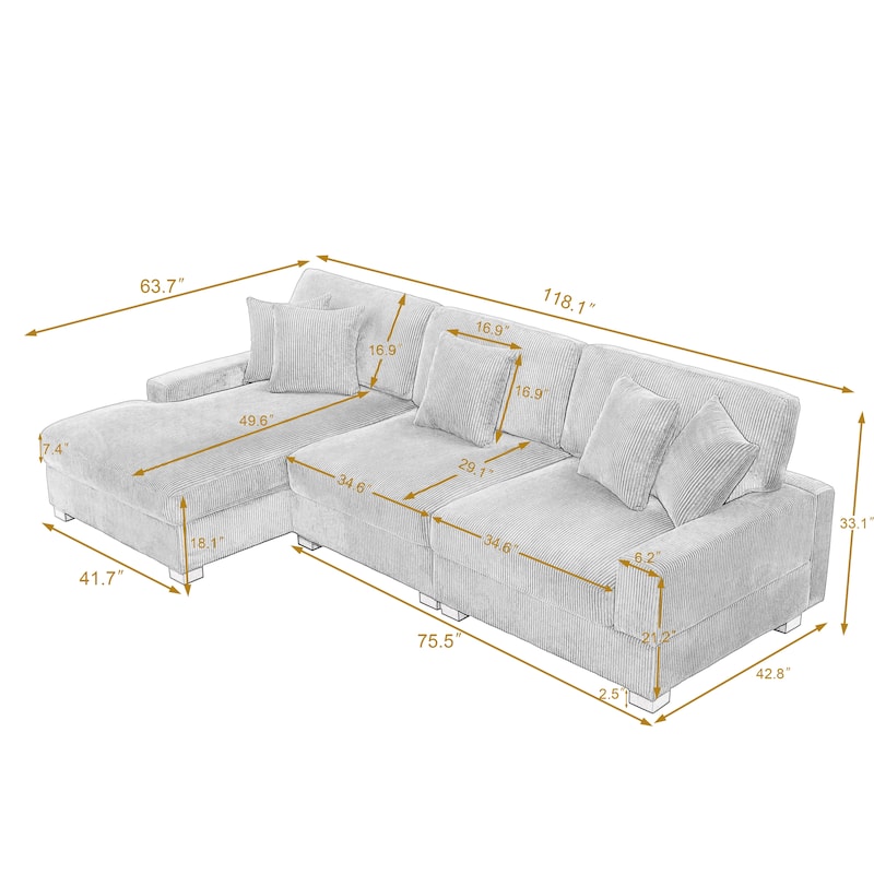 118" W Corduroy L-shape Modular Sectional Sofa with Pillows