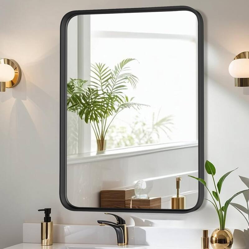 Black Aluminum Alloy Framed Vanity Rounded Rectangle Bathroom Mirrors for Over Sink Wall, Horizontally or Vertically Hanging - 36"*24"