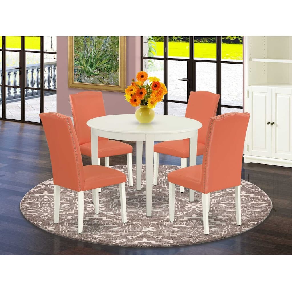 Round Kitchen Table Set 5pc - Pink Flamingo & Linen White - Dining Table & 4 Chairs - Modern Asian Design