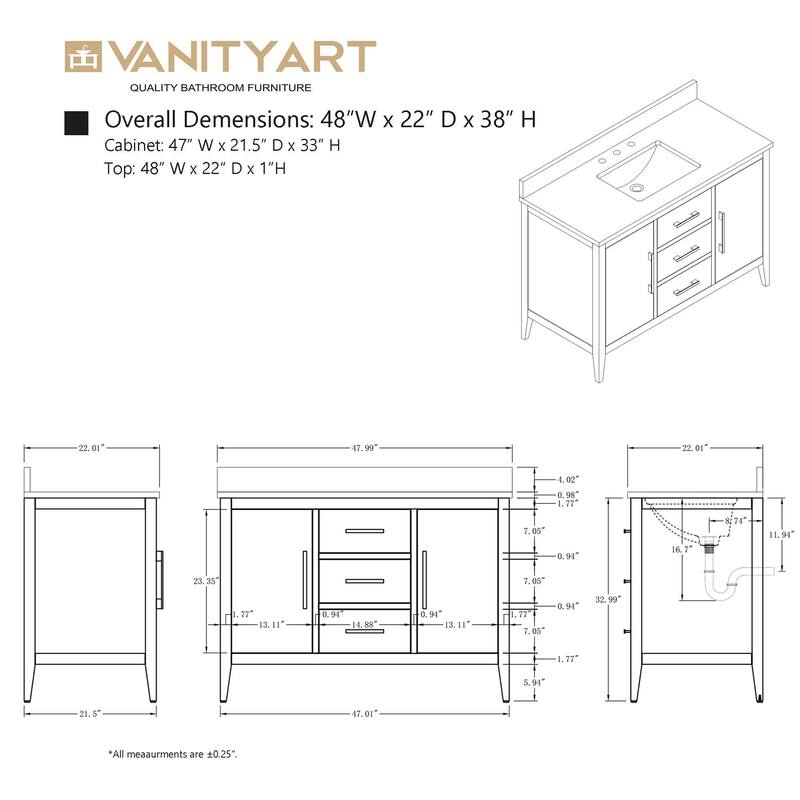 Vanity Art 48" Single Sink Bathroom Vanity Cabinet with Engineered Marble Countertop