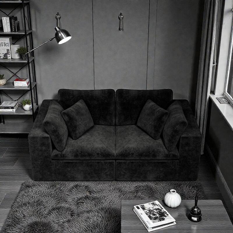 78.8" Modular Sectional Sofa, No Assembly Upholstered Couch with Plush Corduroy Fabric, 2 Seat for Apartment - Black