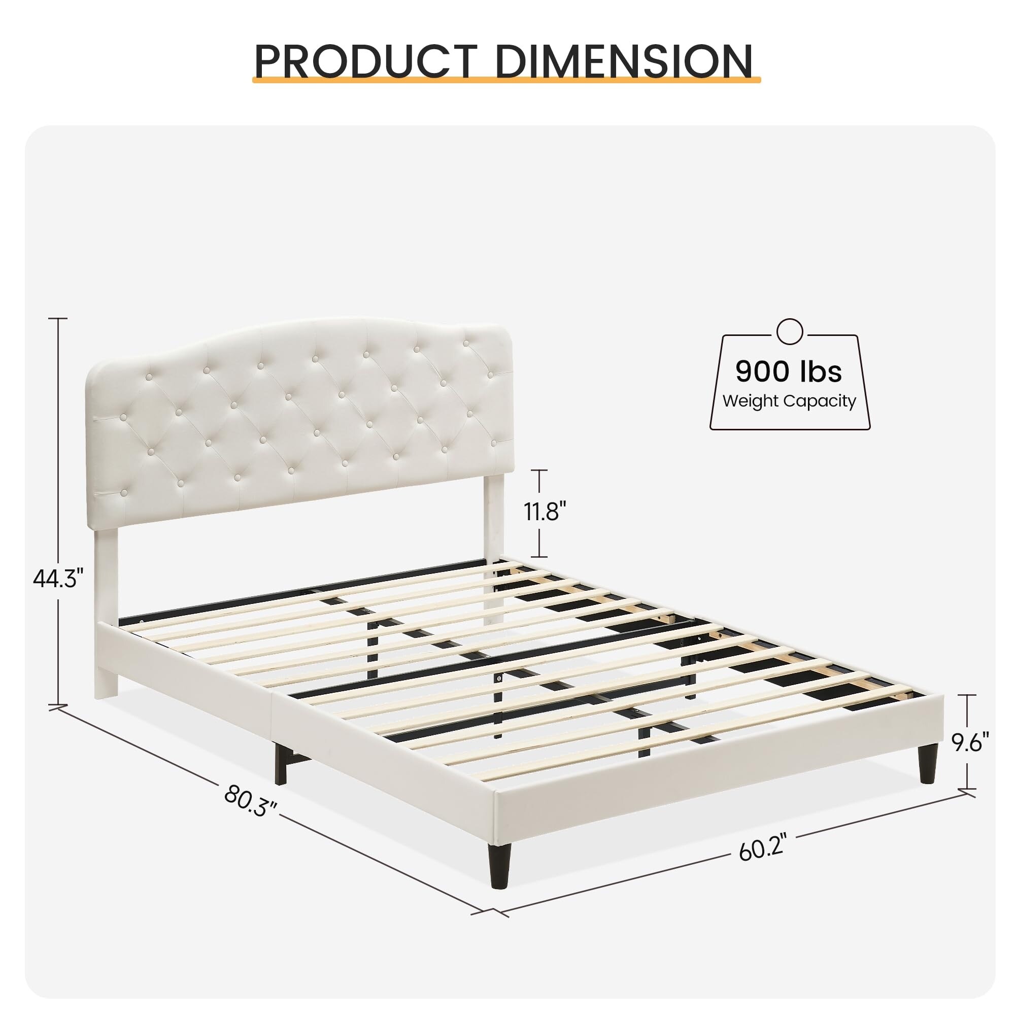 Queen Bed Frame White with Headboard Adjustable, Leather Upholstered  Platform Bed Frame Queen Size, image size:2000x2000