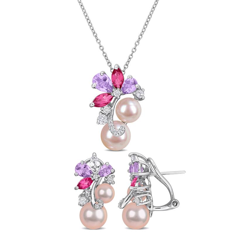 Miadora Sterling Silver Cultured Freshwater Pearl and Gemstone Necklace and Earring Set - Pink
