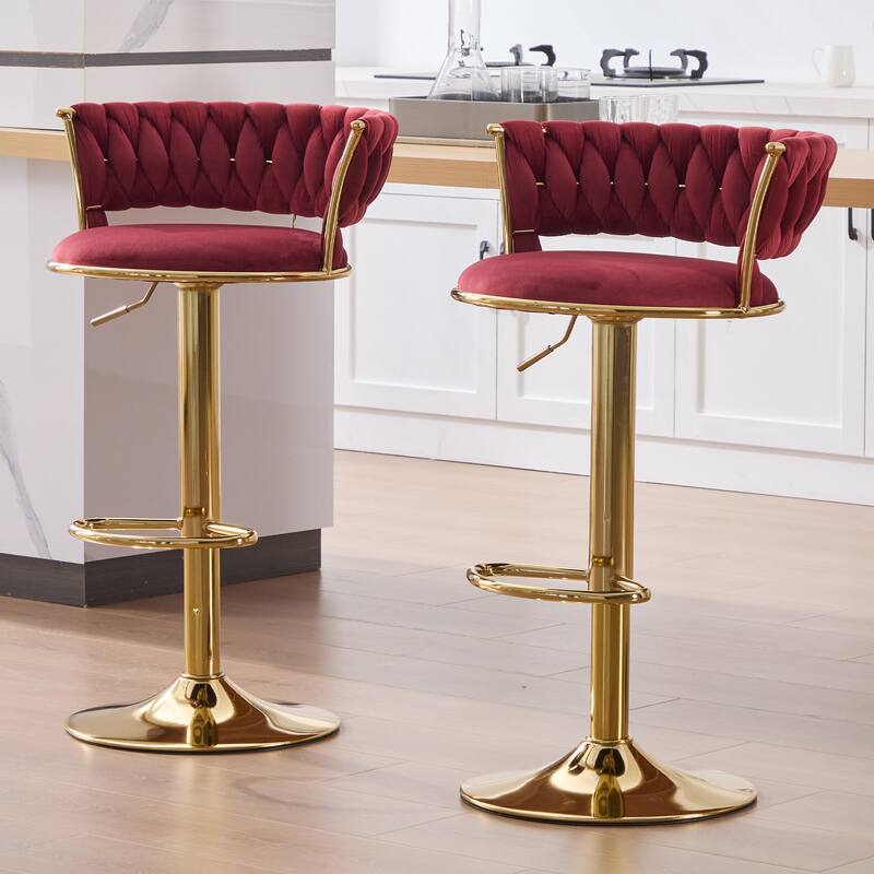 HOMEFUN Velvet Adjustable Height Swivel Armless Bar Stools With Golden Footrest(set of 2) - Wine Red