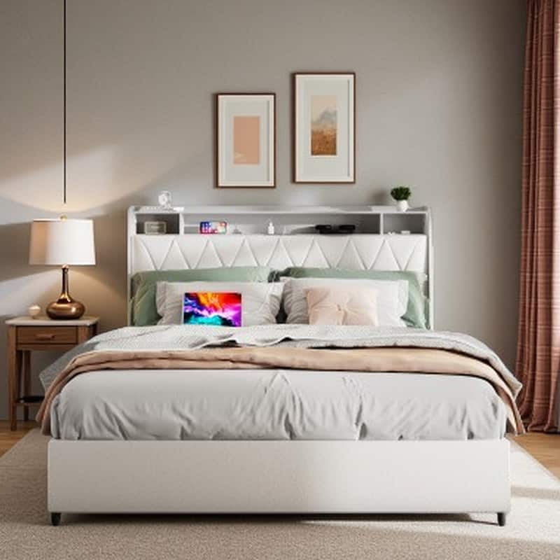Queen Size Metal Bed Frame with Ergonomic Headboard, Built-in Outlets & Charger, Storage Shelf, Noise-Free Platform Bed - White - Queen