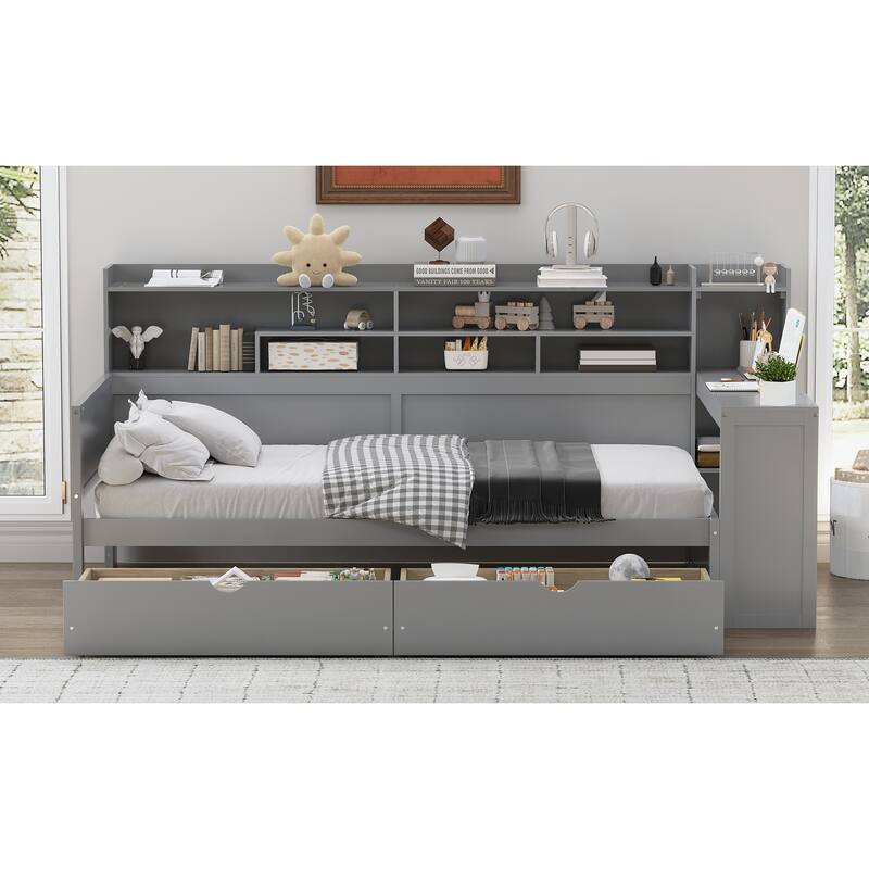 Wooden Twin Size Daybed with Storage Shelves, Multi-functional Bed with Two Storage Drawers and Study Desk, Gray