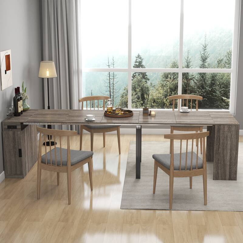 GDFStudio - Lalia Modern Multifunctional Extendable Dining Table with Storage Panels - 118.11" - Brown+Iron Console+USB port