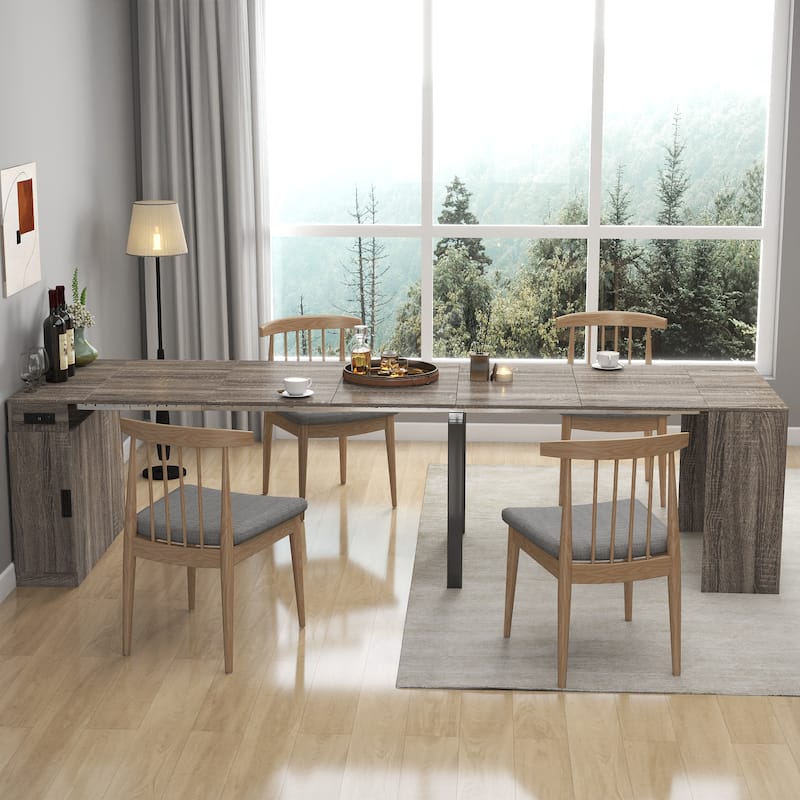 Roomfitters Modern Extendable Dining Table with Built-In Outlet, Multifunctional Expandable Console Table with Storage - Brown