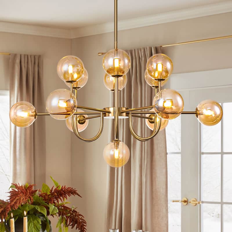 13-Light Modern Amber/ Smoke Grey Cluster Glass Globe Bubble Chandelier Tiered Sputnik Glass Magic Bean Molecule Ceiling Light - Brushed Gold
