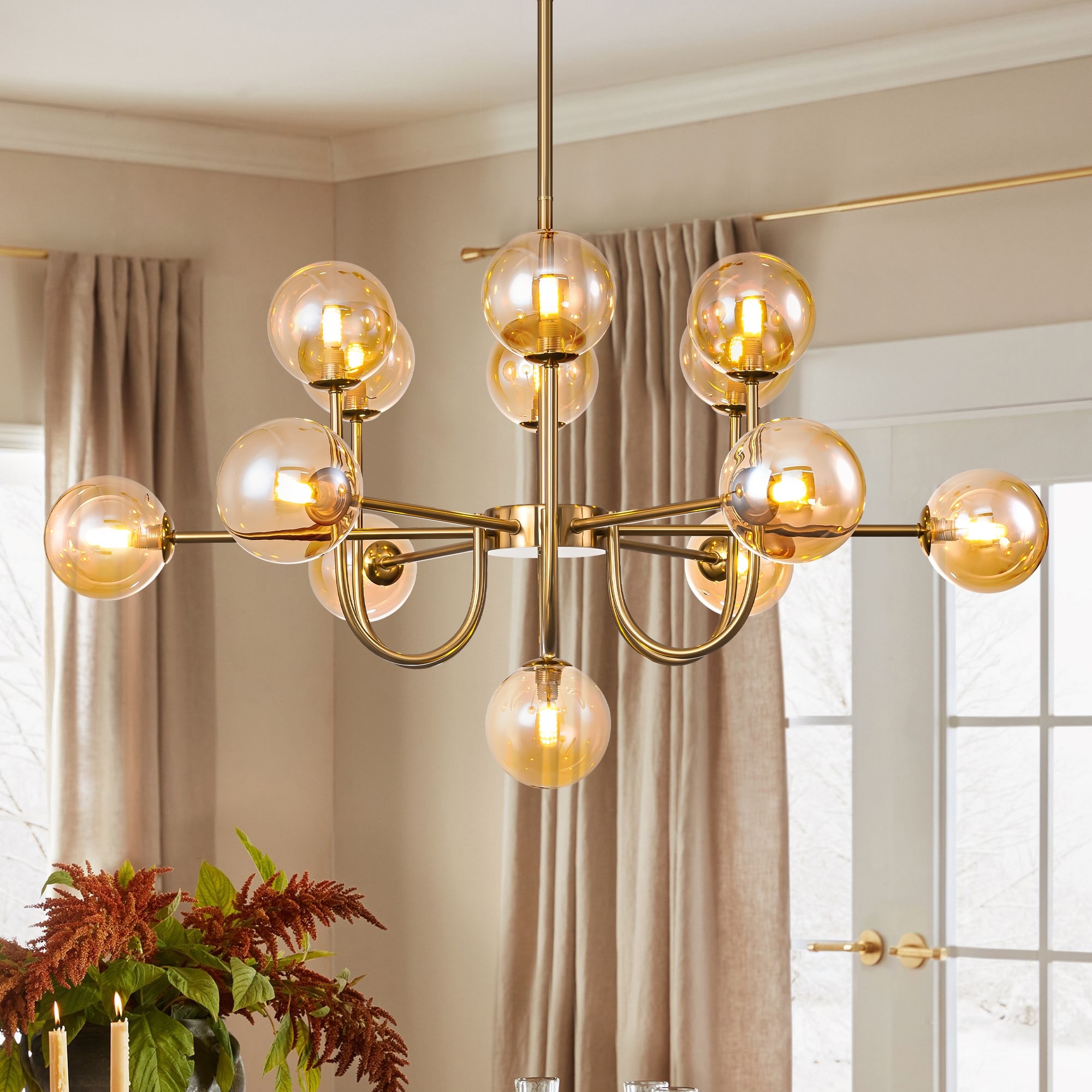 13-Light Modern Amber/ Smoke Grey Cluster Glass Globe Bubble Chandelier Tiered Sputnik Glass Magic Bean Molecule Ceiling Light