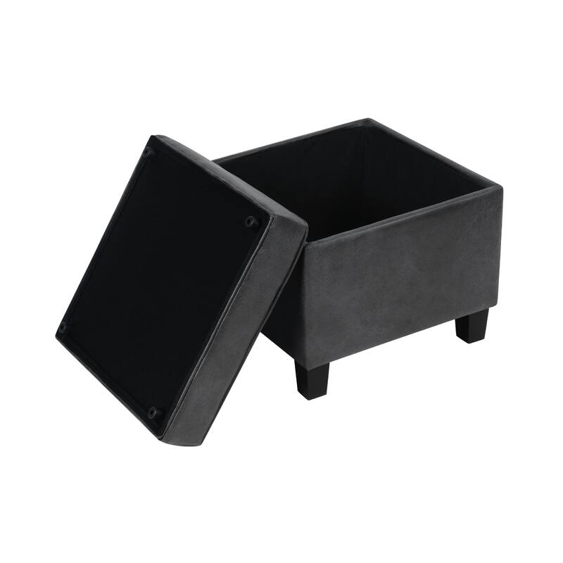 Pyp Square Storage Ottoman, 18 Inch Dark Gray Faux Leather, Black Wood