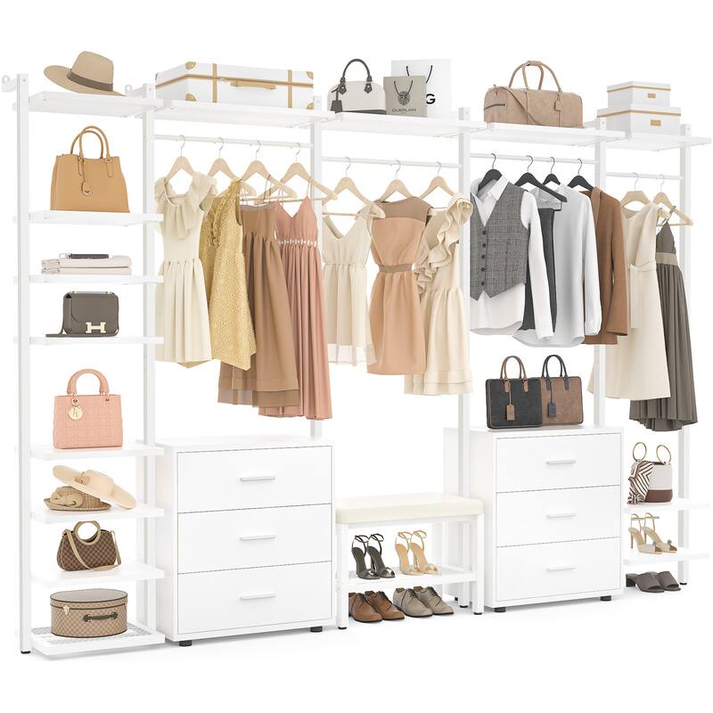 96'' Closet Organizer System with 6 Drawers, Clothing Rack Wardrobe Closet Garment Rack for Walk In Closets