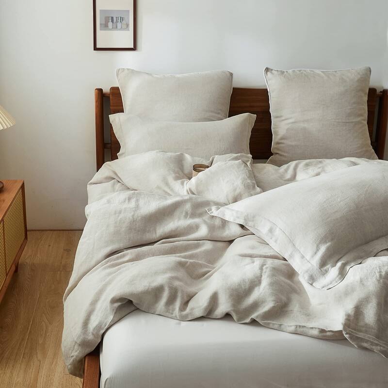 100% Linen Duvet Cover Set with Washed-French Flax-3 Pieces Basic Bedding Set-Soft Comforter Cover with 2 Pillowshams(Queen)
