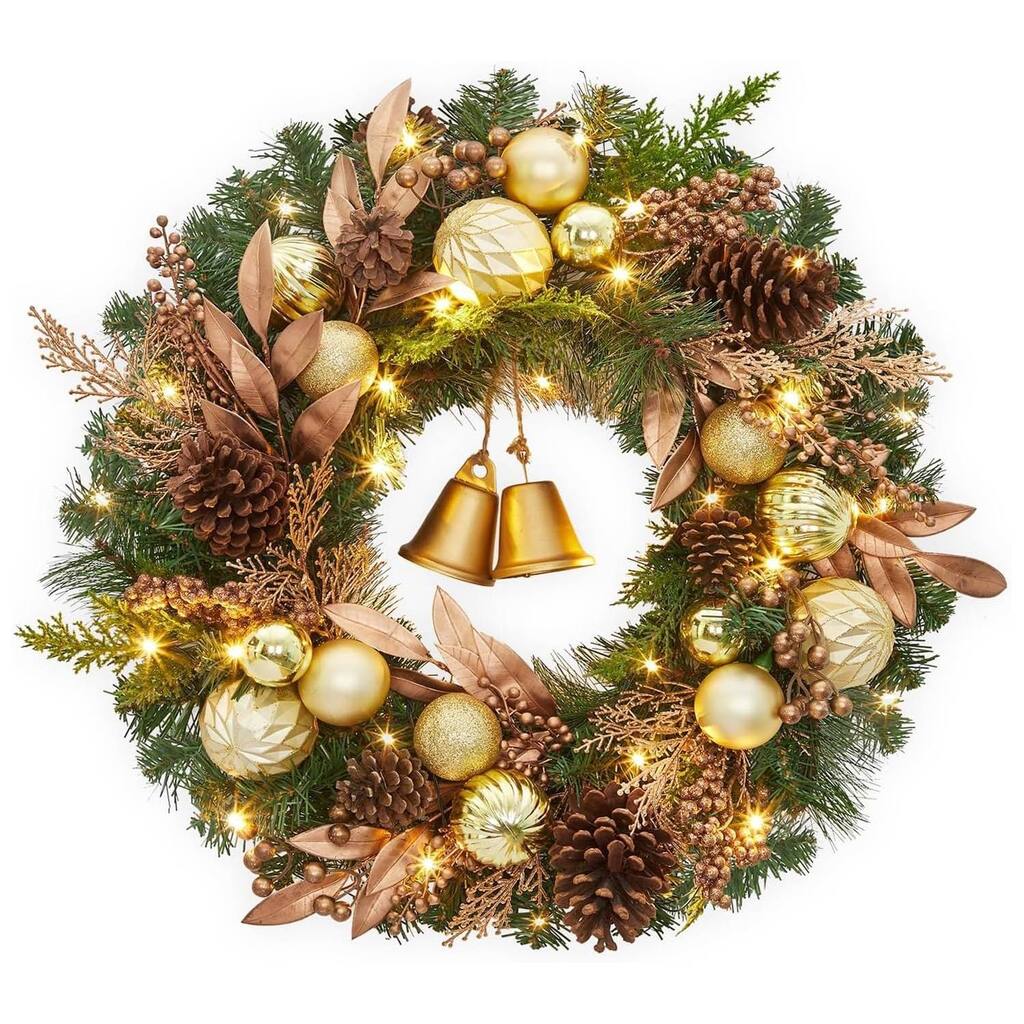 24 Inch Pre-Lit Artificial Christmas Wreath with Ball Ornaments and Bells