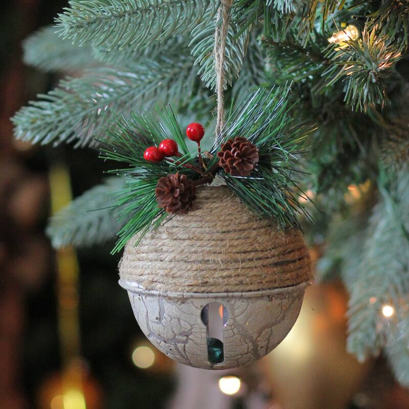 4.75" Green Pine Cone Holly Berry Jingle Bell Christmas Ornament