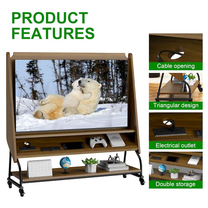 Mobile TV Stand with Mount for 32-50" TV with Projector Screen & Power Outlets - Adjustable Rolling TV Cart, MDF Wood