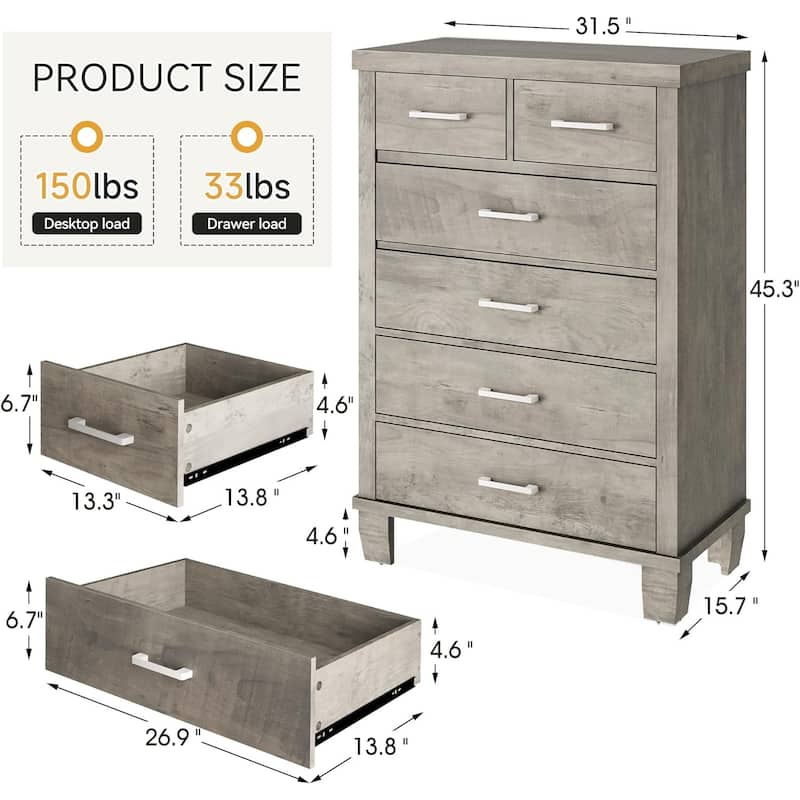6 Drawers Dresser for Bedroom 45" Tall Grey Chests of Drawers with Storage Wooden Dresser