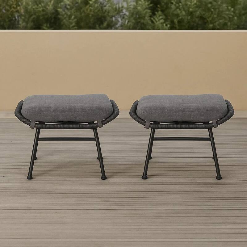 Margo Outdoor Ottoman Set of 2, 24 Inch Black Iron, Gray Cushion
