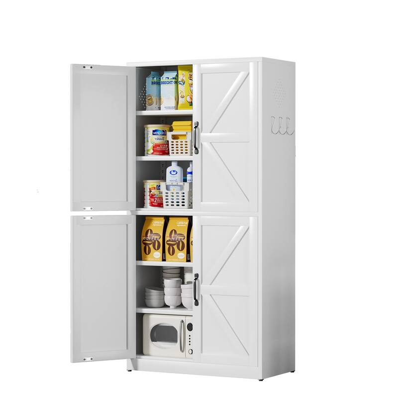 White Steel Kitchen Pantry Storage Cabinet with Adjustable shelves, heavy-duty country cabinet for kitchens, bathrooms