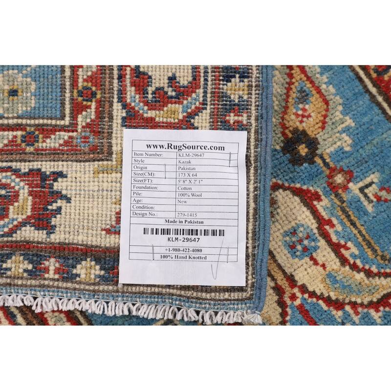 Light Blue Kazak Runner Rug Hand-Knotted Wool Carpet - 2'1" x 5'8"