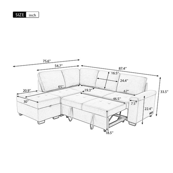 LShaped Corner Sectional Sofa Bed with Storage and USB Charging On