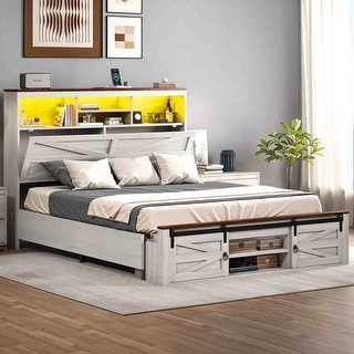 Moasis Farmhouse Queen Size Bed Frame with Hidden Bookcase Storage ...