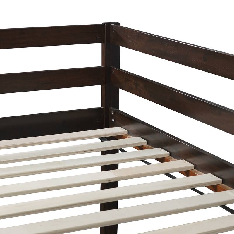 Wooden Twin over Twin Floor Bunk Bed with Ladder, with Bed Platform of Strengthened Slats
