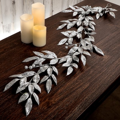 48" Glitter Metallic Bay Leaf With Berries Garland - Silver