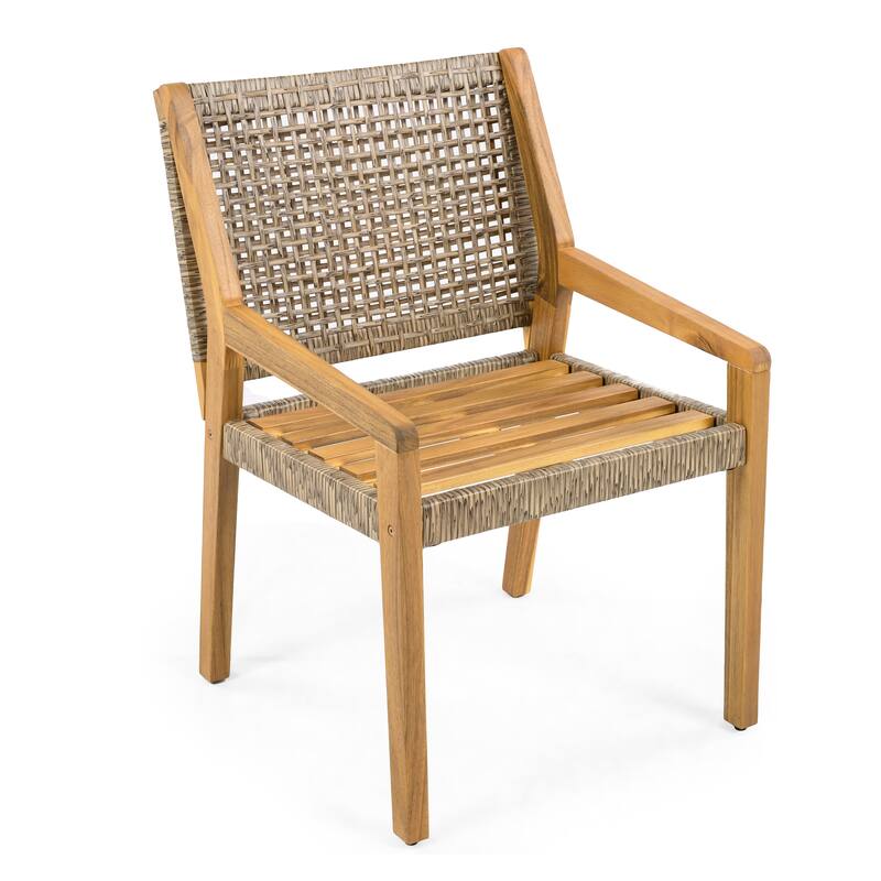 Roomfitters Outdoor Acacia Wood and Wicker Dining Chairs with Cream Cushions Teak Finish and Brown Wicker