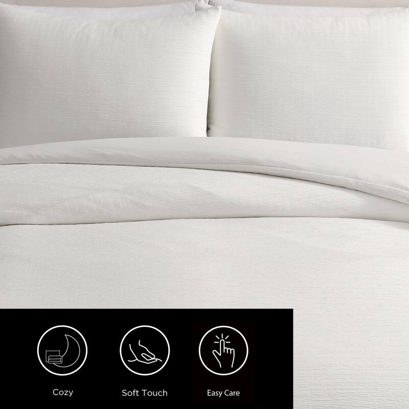 Vera Wang Crinkle Textured Reversible Duvet Cover Set Minimal Design (White, 3 Piece)