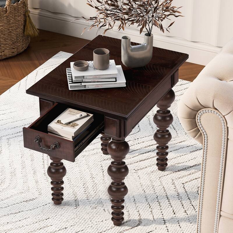 Solid Wood End Table with Drawer, Easy Assembly Vintage Narrow Sofa Side Table for Living Room - Espresso