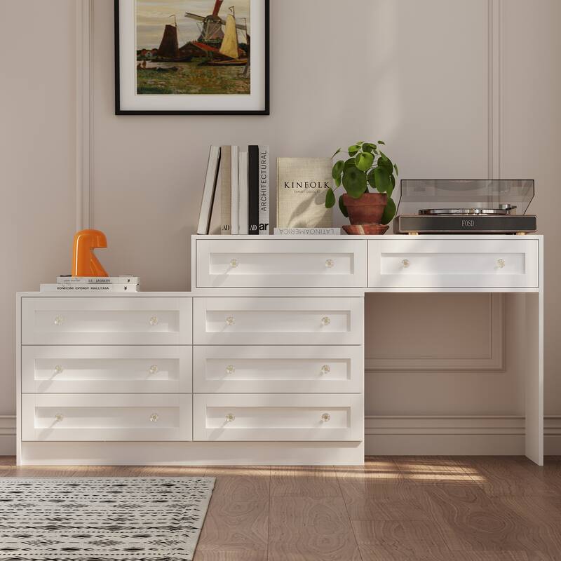 White Dresser & Vanity Combo Spacious Storage with Chic Crystal Knobs